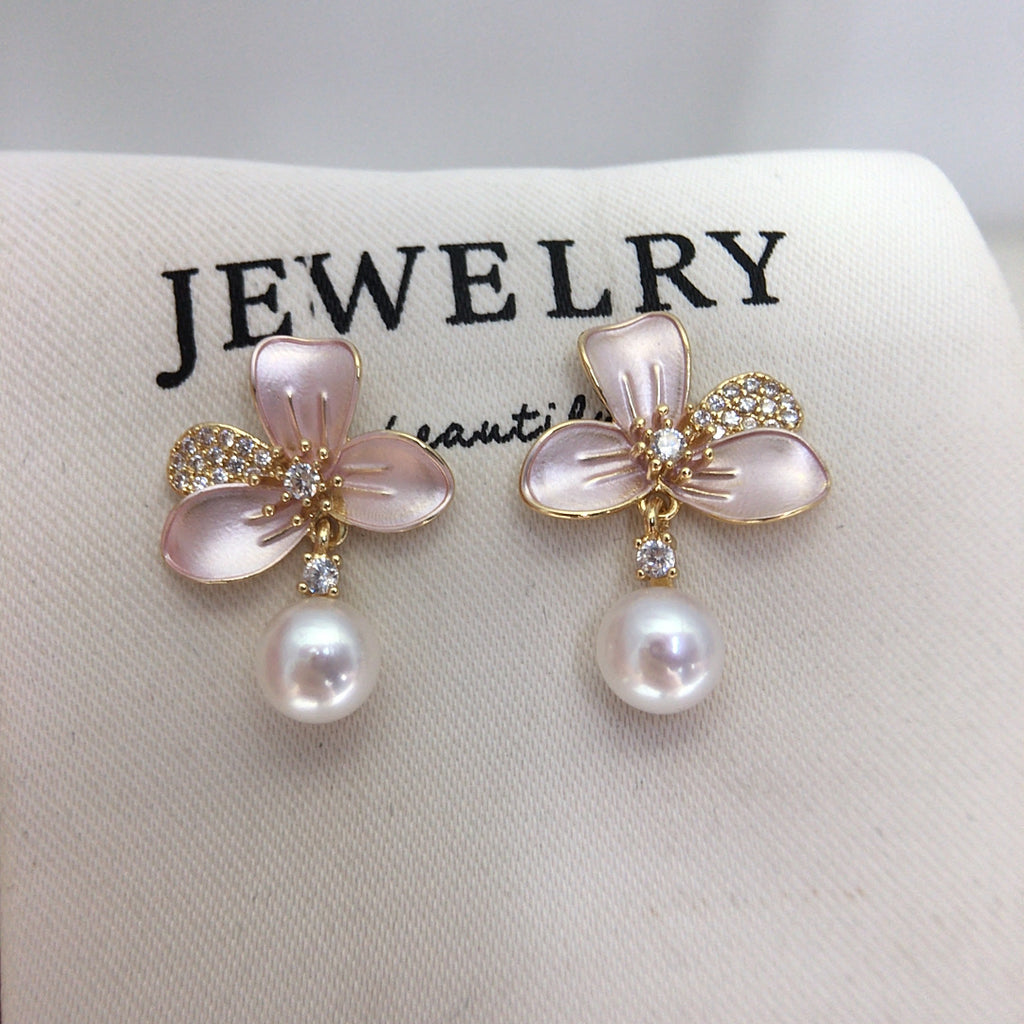 Enamel Flower Shell Pearl Drop Earrings, Micro‑Pave Cubic Zirconia Dainty Pearl Earrings for Women