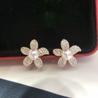 Full Pave Zircon Flower Shell Pearl Stud Earrings, Gold Tone Daily Commute Pearl Earrings for Women