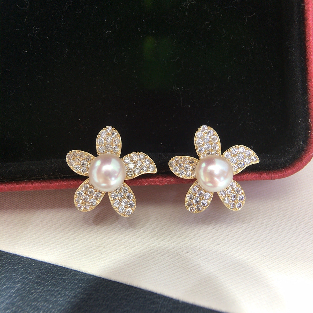 Full Pave Zircon Flower Shell Pearl Stud Earrings, Gold Tone Daily Commute Pearl Earrings for Women