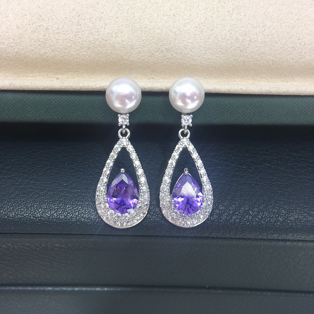Vintage Teardrop Purple Cubic Zirconia Shell Pearl Drop Earrings, French Style Dangle Earrings for Women