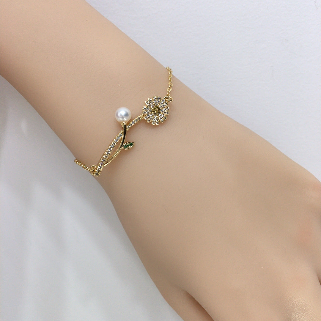 Daisy Branch Shell Pearl Bracelet, Micro‑Pave Cubic Zirconia Elegant Women Hand Jewelry
