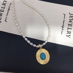 Vintage Turquoise Oval Pendant Necklace, Rice‑Shaped Shell Pearl Choker Necklace for Women