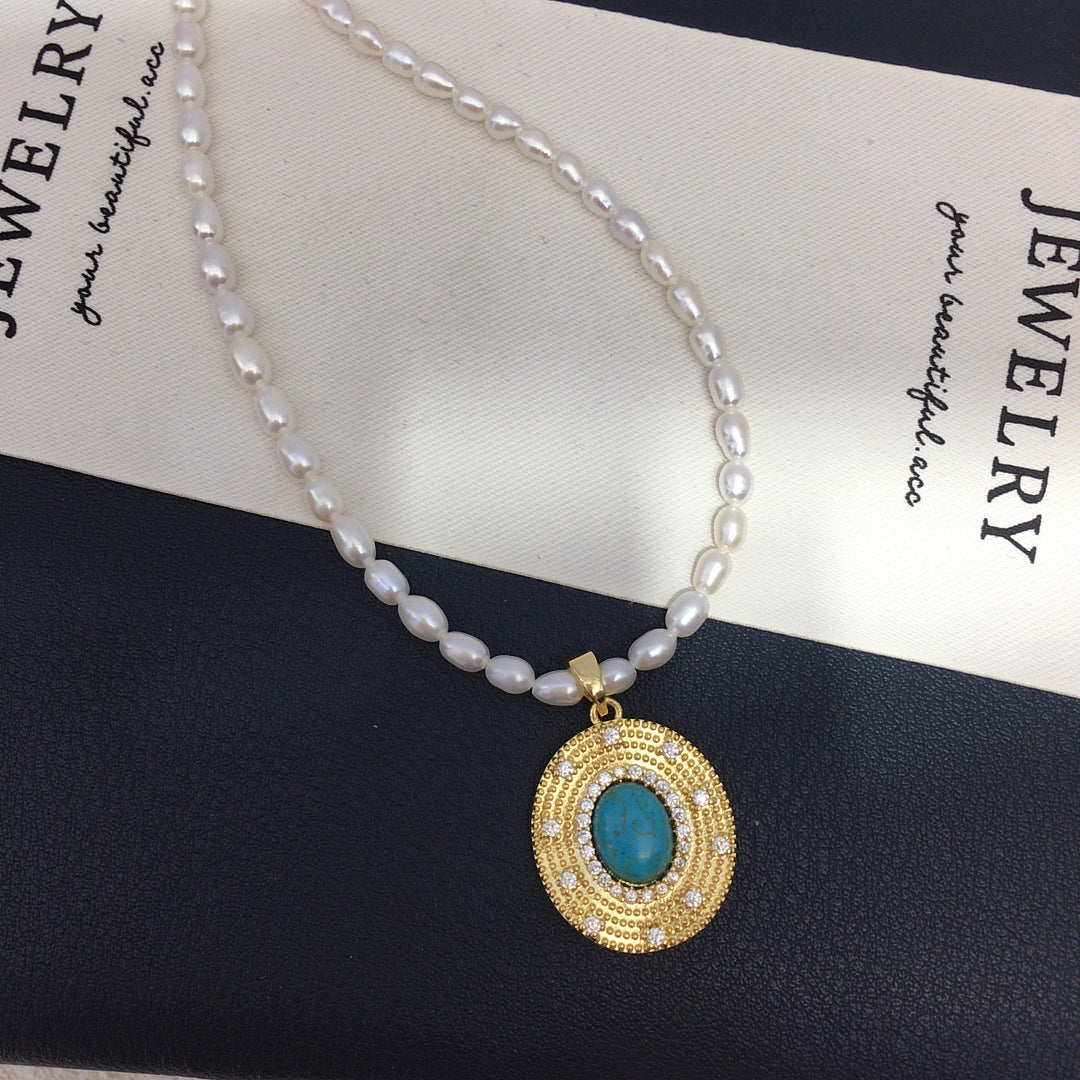 Vintage Turquoise Oval Pendant Necklace, Rice‑Shaped Shell Pearl Choker Necklace for Women