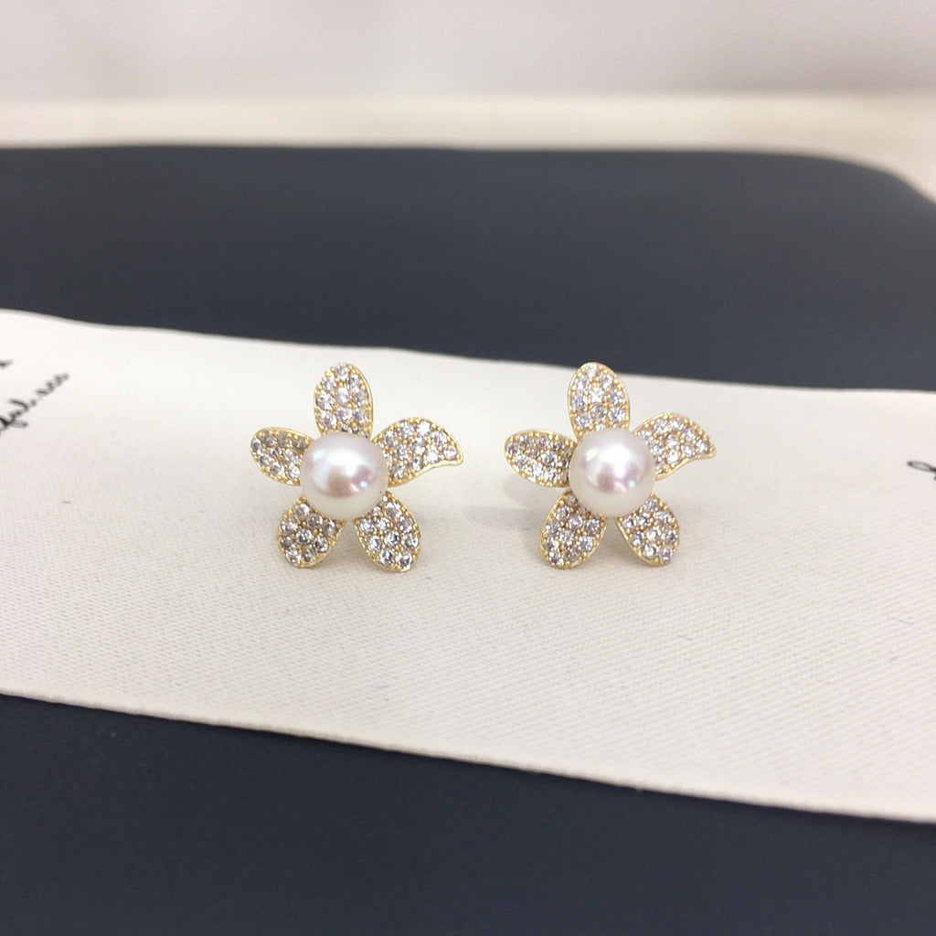 Full Pave Zircon Flower Shell Pearl Stud Earrings, Gold Tone Daily Commute Pearl Earrings for Women