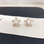 Full Pave Zircon Flower Shell Pearl Stud Earrings, Gold Tone Daily Commute Pearl Earrings for Women