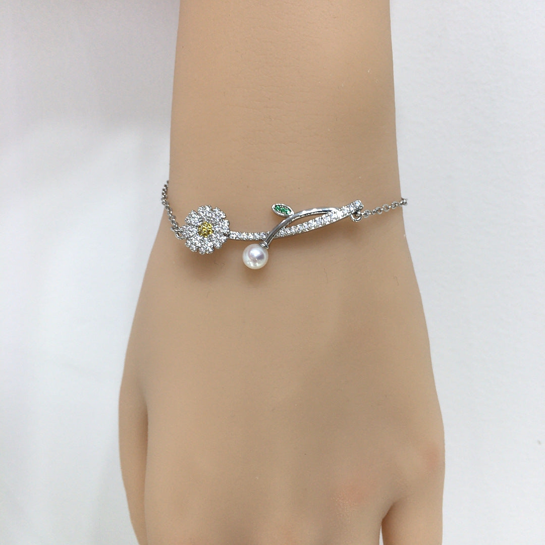 Daisy Branch Shell Pearl Bracelet, Micro‑Pave Cubic Zirconia Elegant Women Hand Jewelry