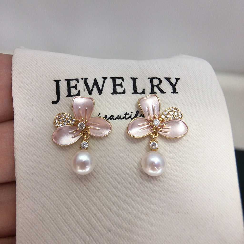 Enamel Flower Shell Pearl Drop Earrings, Micro‑Pave Cubic Zirconia Dainty Pearl Earrings for Women