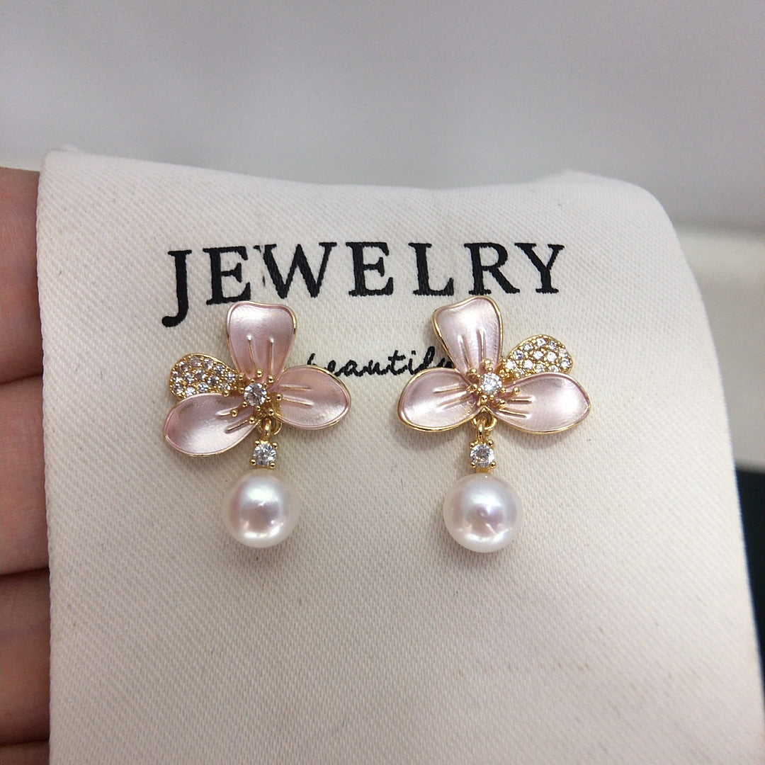 Enamel Flower Shell Pearl Drop Earrings, Micro‑Pave Cubic Zirconia Dainty Pearl Earrings for Women