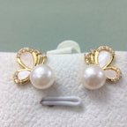 Women Butterfly Shell Pearl Stud Earrings, Micro Paved Cubic Zirconia Gold Tone Elegant Pearl Earrings Jewelry Gift