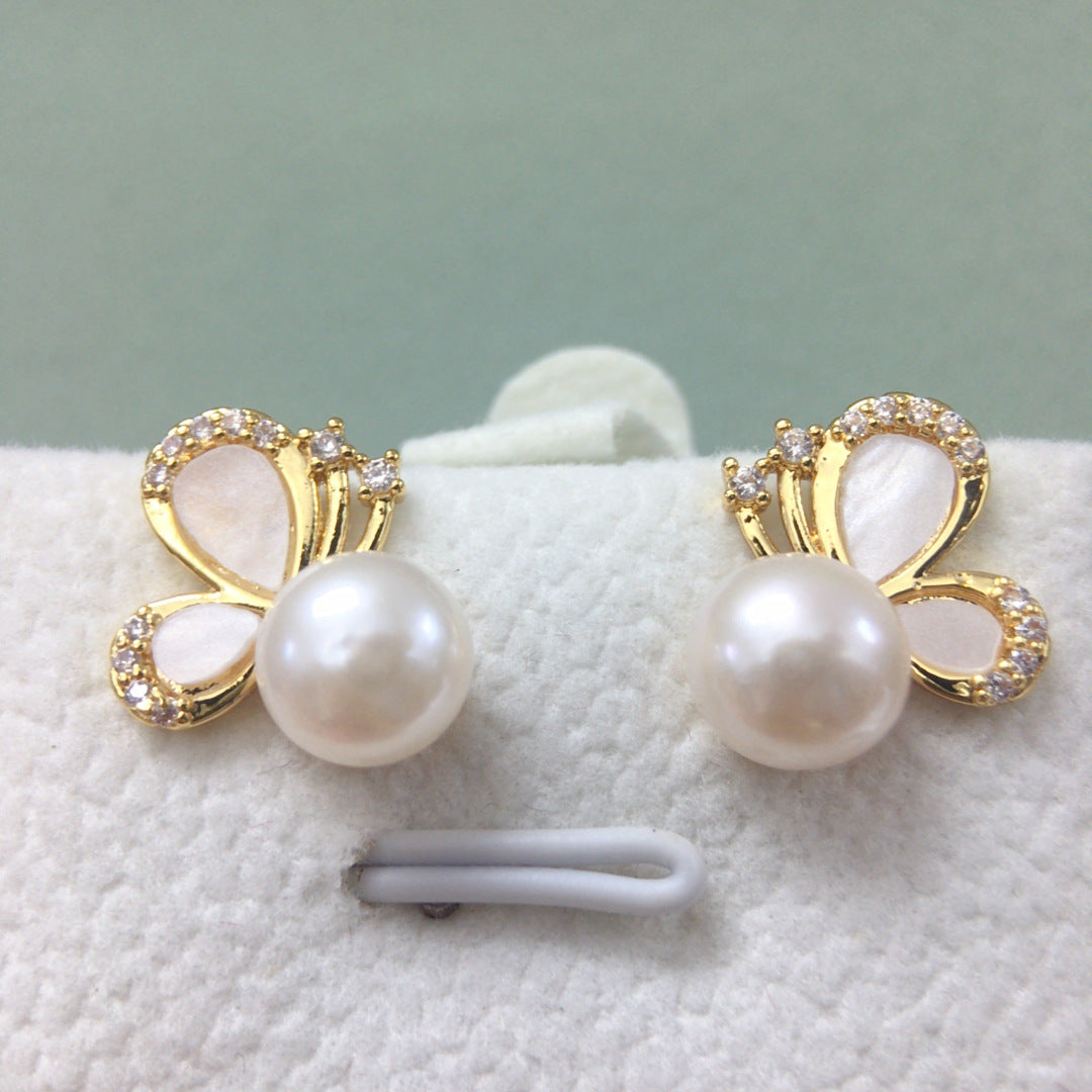 Women Butterfly Shell Pearl Stud Earrings, Micro Paved Cubic Zirconia Gold Tone Elegant Pearl Earrings Jewelry Gift