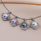 Square‑Shaped Zircon Shell‑Pearl Jewelry Set, Necklace Pendant & Stud Earrings, Elegant Matching Jewellery for Women