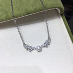 Wing‑Shape Micro‑Pave Cubic Zirconia Shell Pearl Pendant Necklace, Fashion Women Clavicle Chain