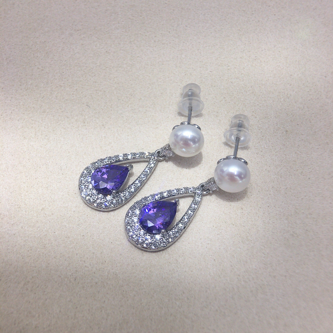 Vintage Teardrop Purple Cubic Zirconia Shell Pearl Drop Earrings, French Style Dangle Earrings for Women