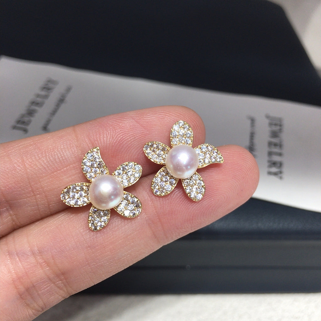 Full Pave Zircon Flower Shell Pearl Stud Earrings, Gold Tone Daily Commute Pearl Earrings for Women
