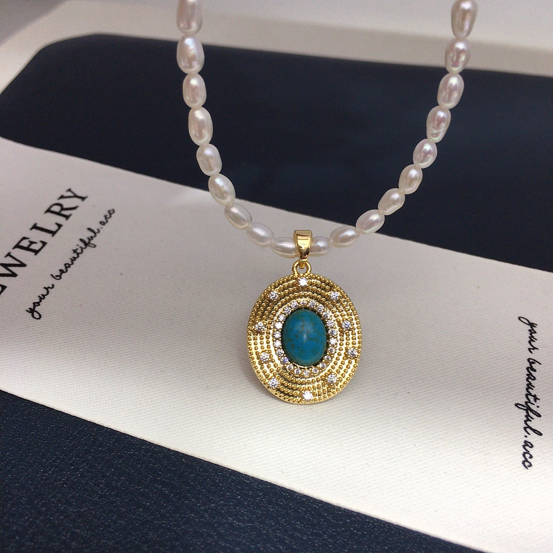 Vintage Turquoise Oval Pendant Necklace, Rice‑Shaped Shell Pearl Choker Necklace for Women
