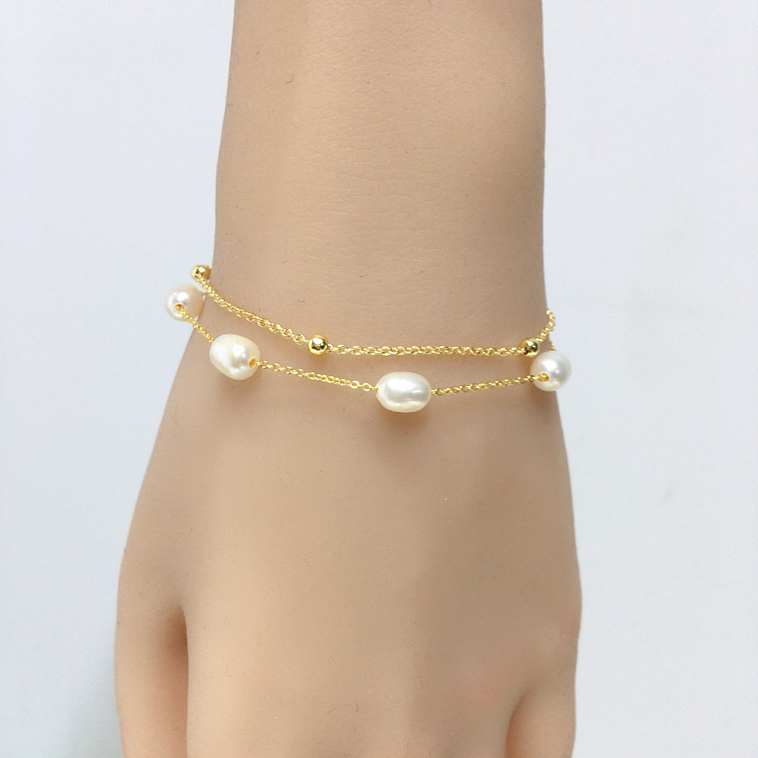 5‑6mm Rice‑Shape Shell Pearl Double Layer Bracelet, 18K Gold Filled Women Hand Jewelry