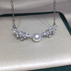 Wing‑Shape Micro‑Pave Cubic Zirconia Shell Pearl Pendant Necklace, Fashion Women Clavicle Chain