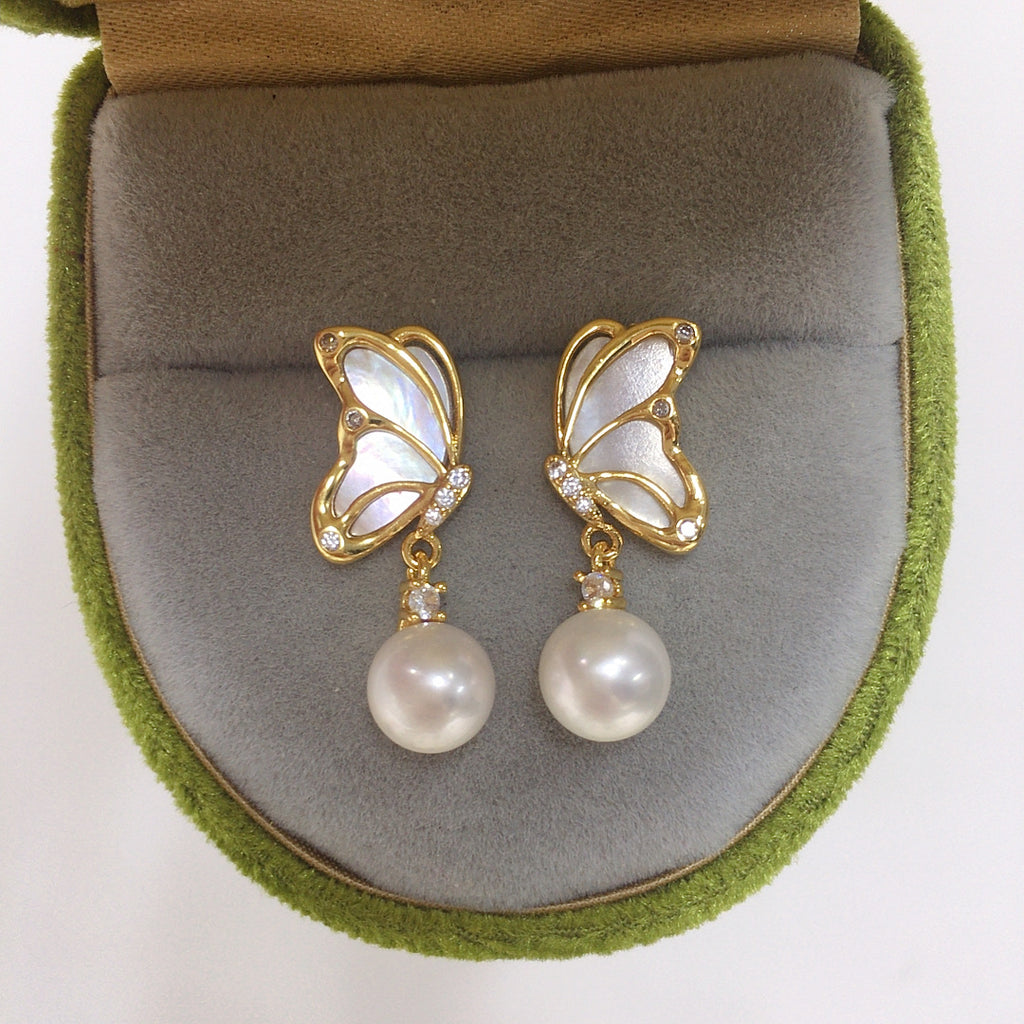 Butterfly Shell‑Pearl Drop Earrings for Women, 925 Sterling Silver Post