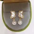 Butterfly Shell‑Pearl Drop Earrings for Women, 925 Sterling Silver Post