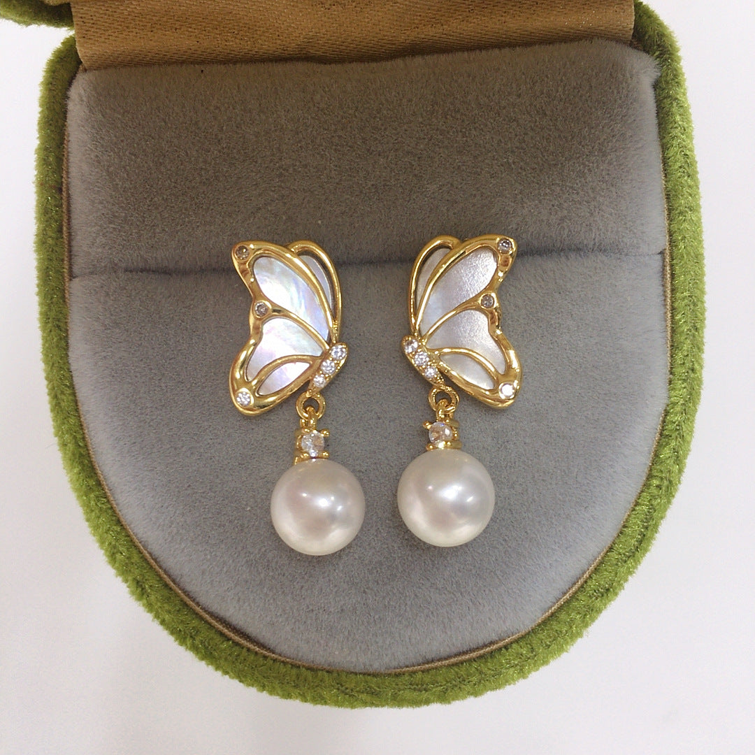 Butterfly Shell‑Pearl Drop Earrings for Women, 925 Sterling Silver Post