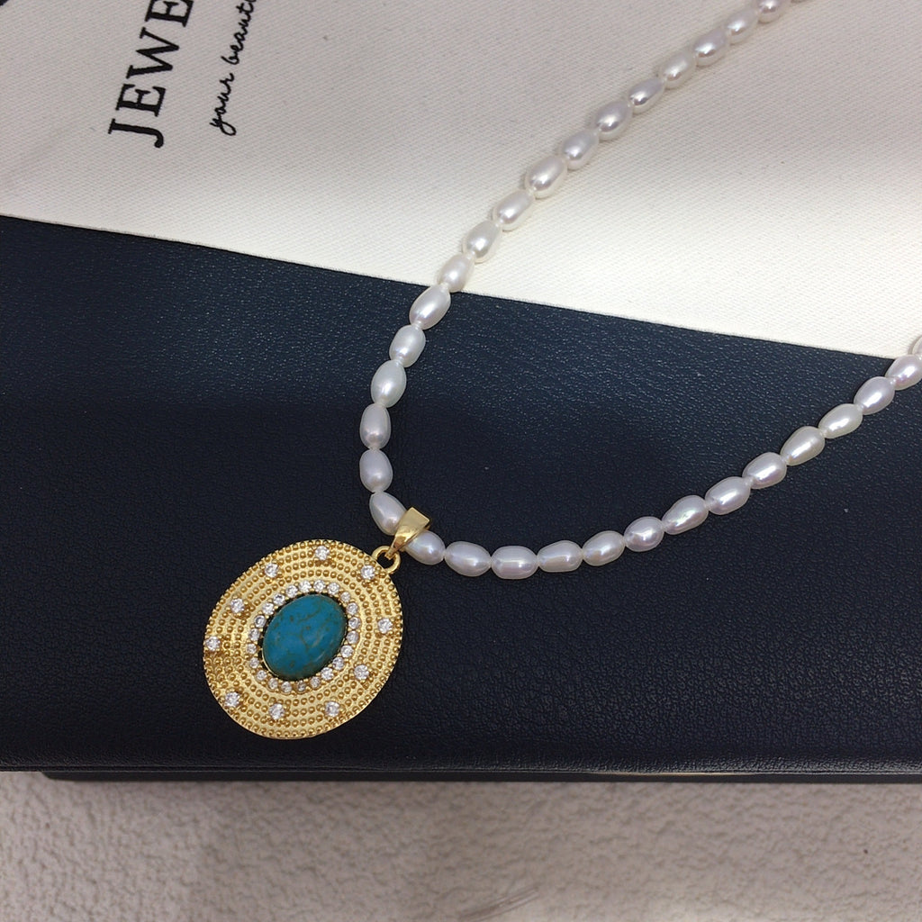 Vintage Turquoise Oval Pendant Necklace, Rice‑Shaped Shell Pearl Choker Necklace for Women