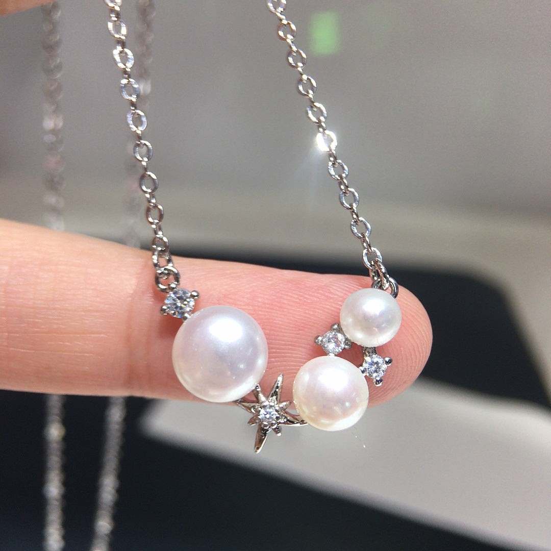Six‑Pointed Star Multi‑Shell‑Pearl Pendant Necklace, Dainty Women Clavicle Chain