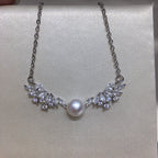 Wing‑Shape Micro‑Pave Cubic Zirconia Shell Pearl Pendant Necklace, Fashion Women Clavicle Chain
