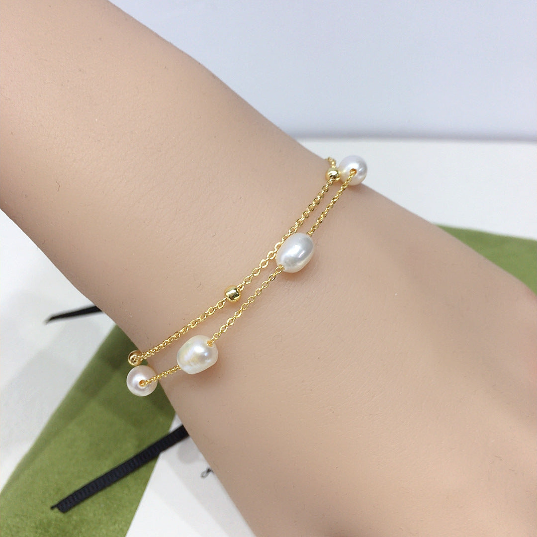 5‑6mm Rice‑Shape Shell Pearl Double Layer Bracelet, 18K Gold Filled Women Hand Jewelry