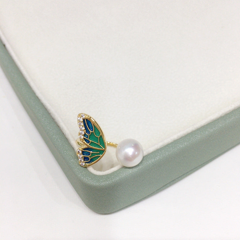 18K Gold‑Plated Butterfly Wing Pearl Ring, Fashion Shell‑Pearl Open Ring for Women