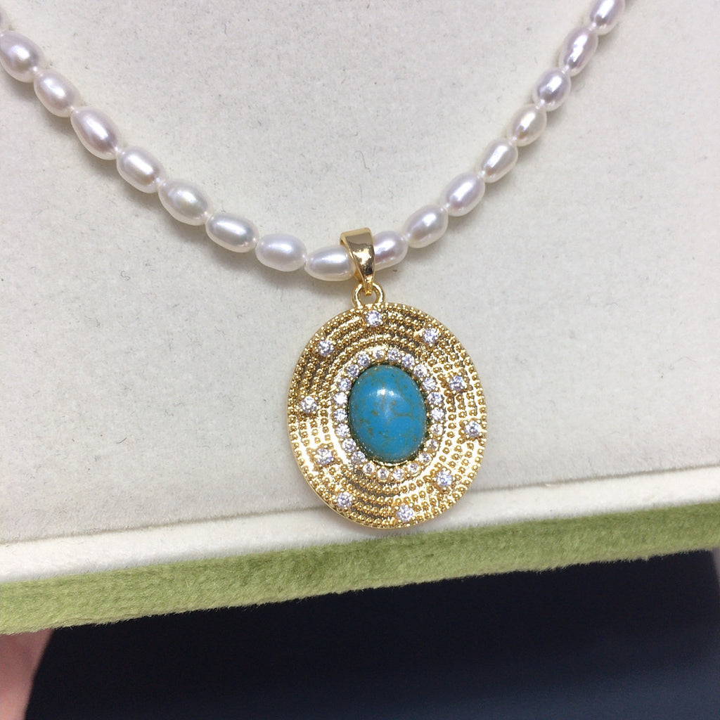 Vintage Turquoise Oval Pendant Necklace, Rice‑Shaped Shell Pearl Choker Necklace for Women