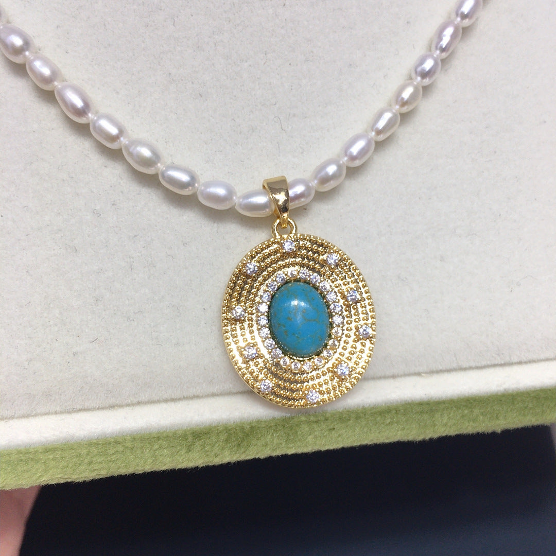 Vintage Turquoise Oval Pendant Necklace, Rice‑Shaped Shell Pearl Choker Necklace for Women