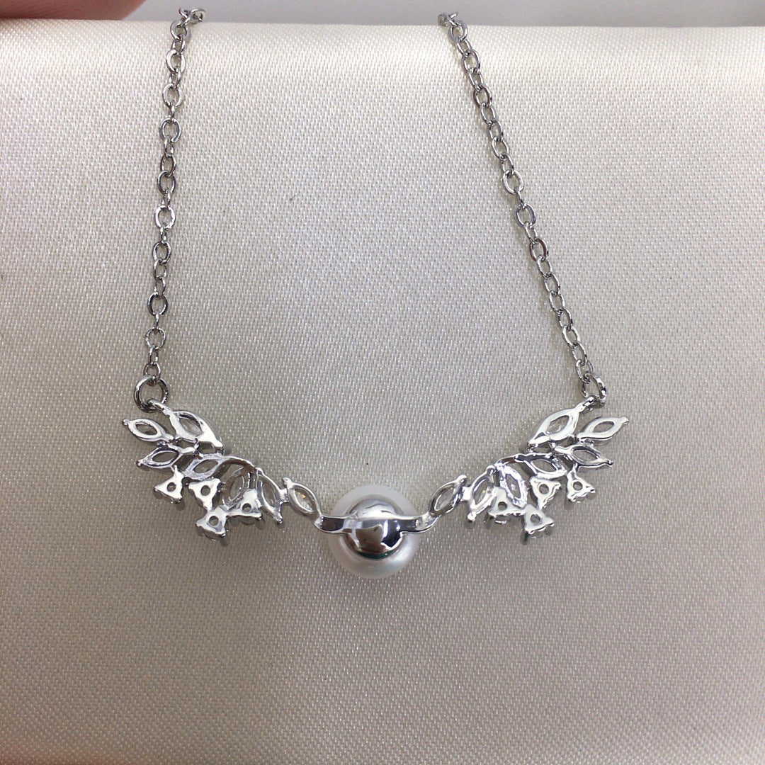 Wing‑Shape Micro‑Pave Cubic Zirconia Shell Pearl Pendant Necklace, Fashion Women Clavicle Chain