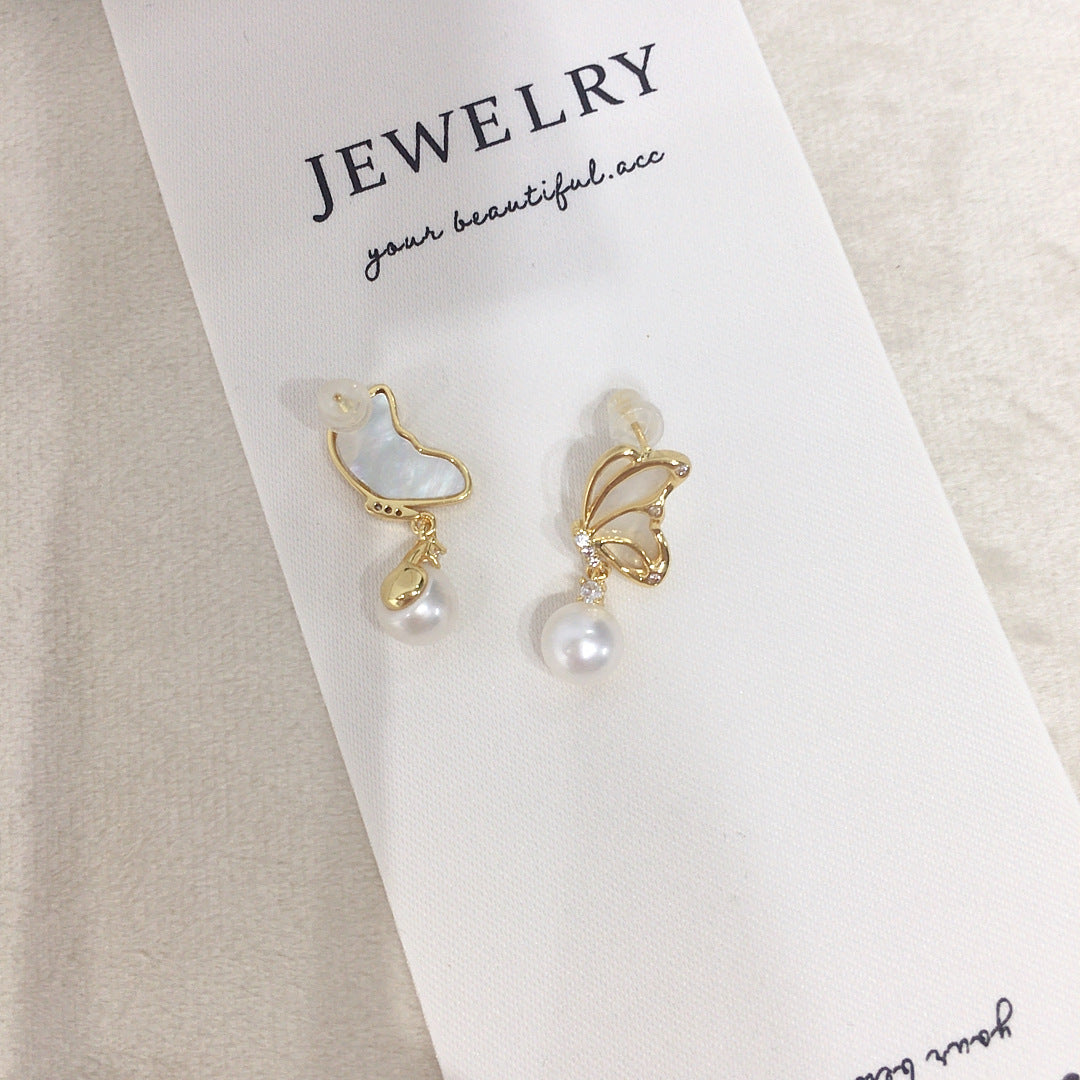 Butterfly Shell‑Pearl Drop Earrings for Women, 925 Sterling Silver Post