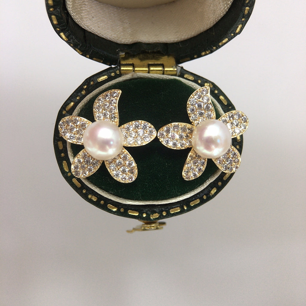 Full Pave Zircon Flower Shell Pearl Stud Earrings, Gold Tone Daily Commute Pearl Earrings for Women