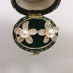 Full Pave Zircon Flower Shell Pearl Stud Earrings, Gold Tone Daily Commute Pearl Earrings for Women