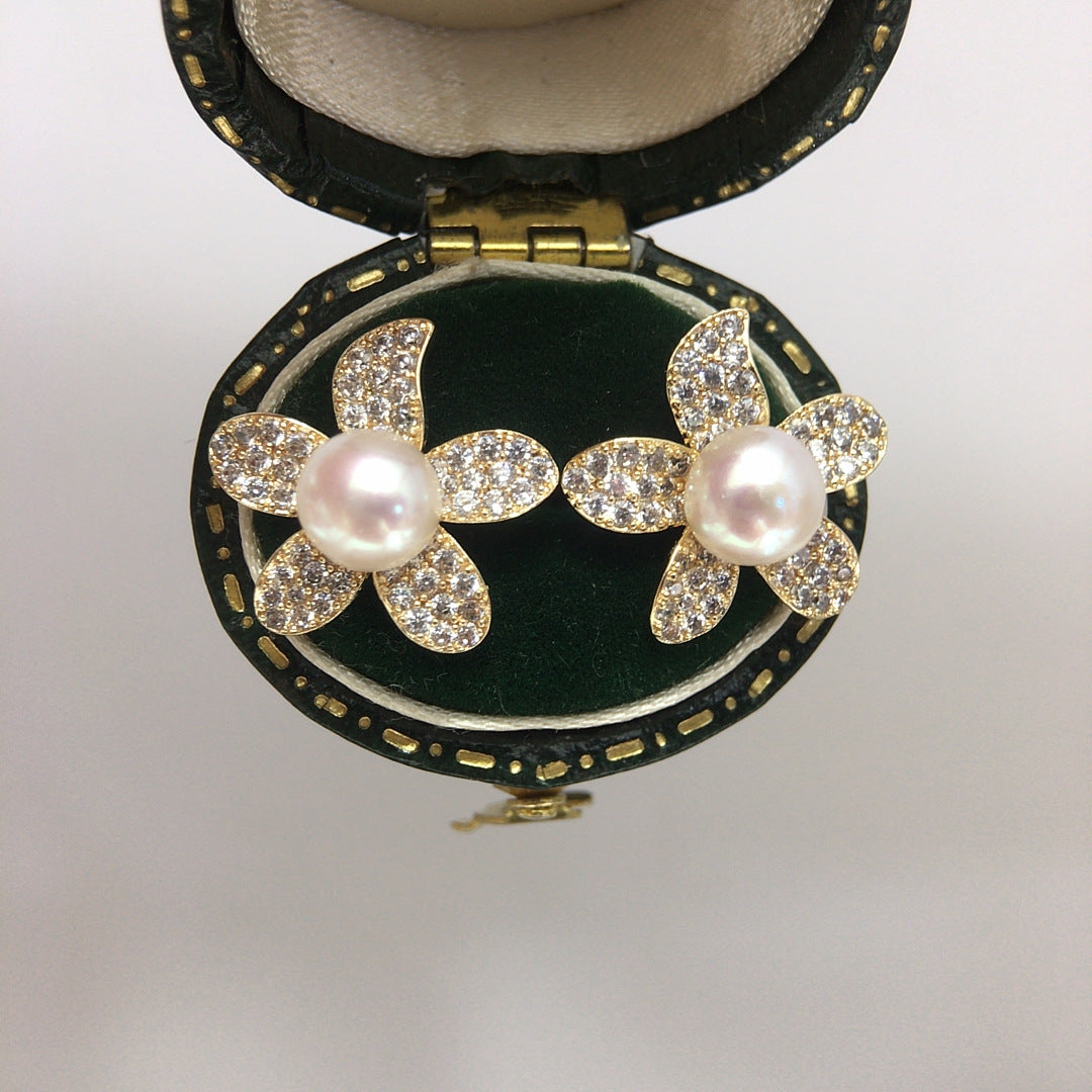 Full Pave Zircon Flower Shell Pearl Stud Earrings, Gold Tone Daily Commute Pearl Earrings for Women