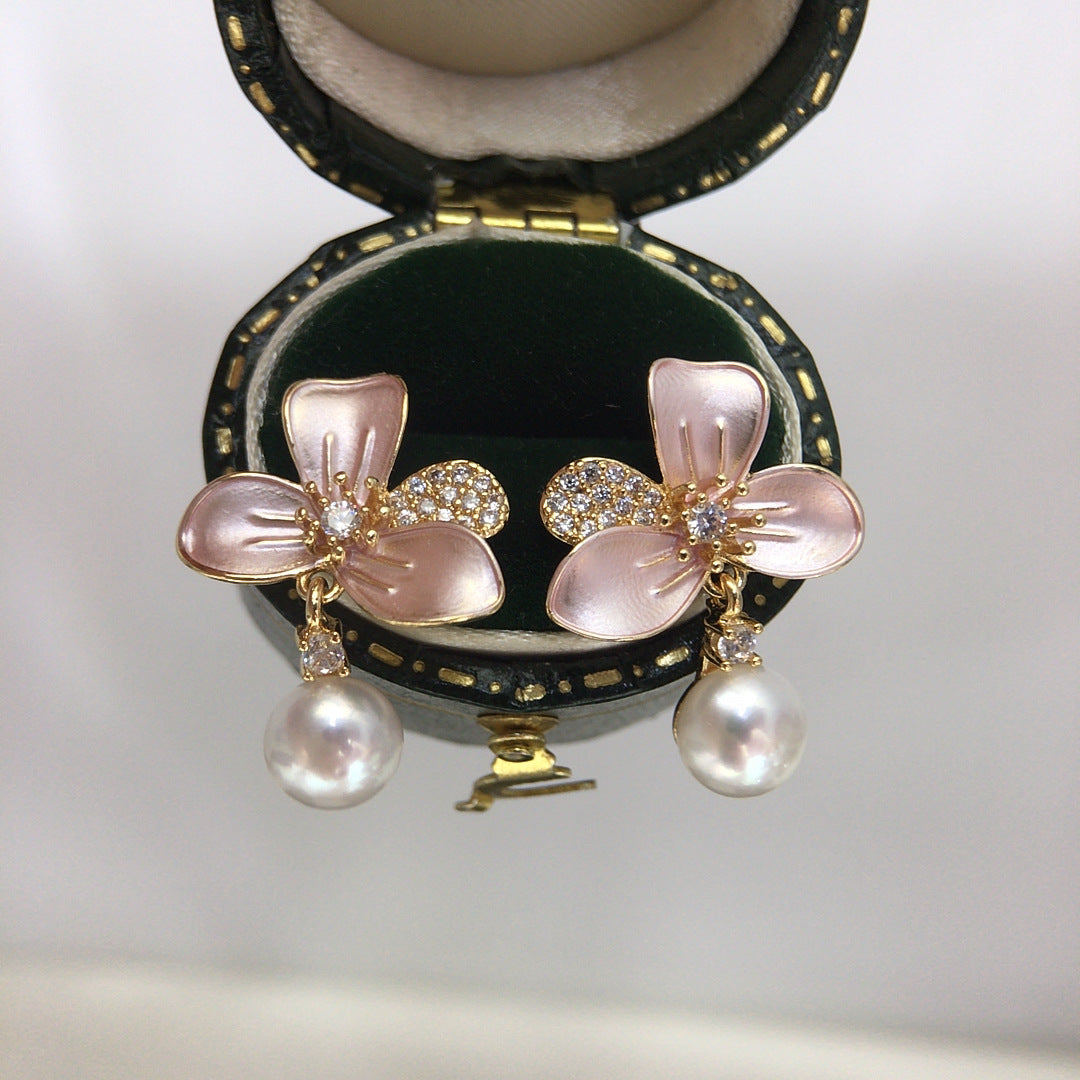 Enamel Flower Shell Pearl Drop Earrings, Micro‑Pave Cubic Zirconia Dainty Pearl Earrings for Women