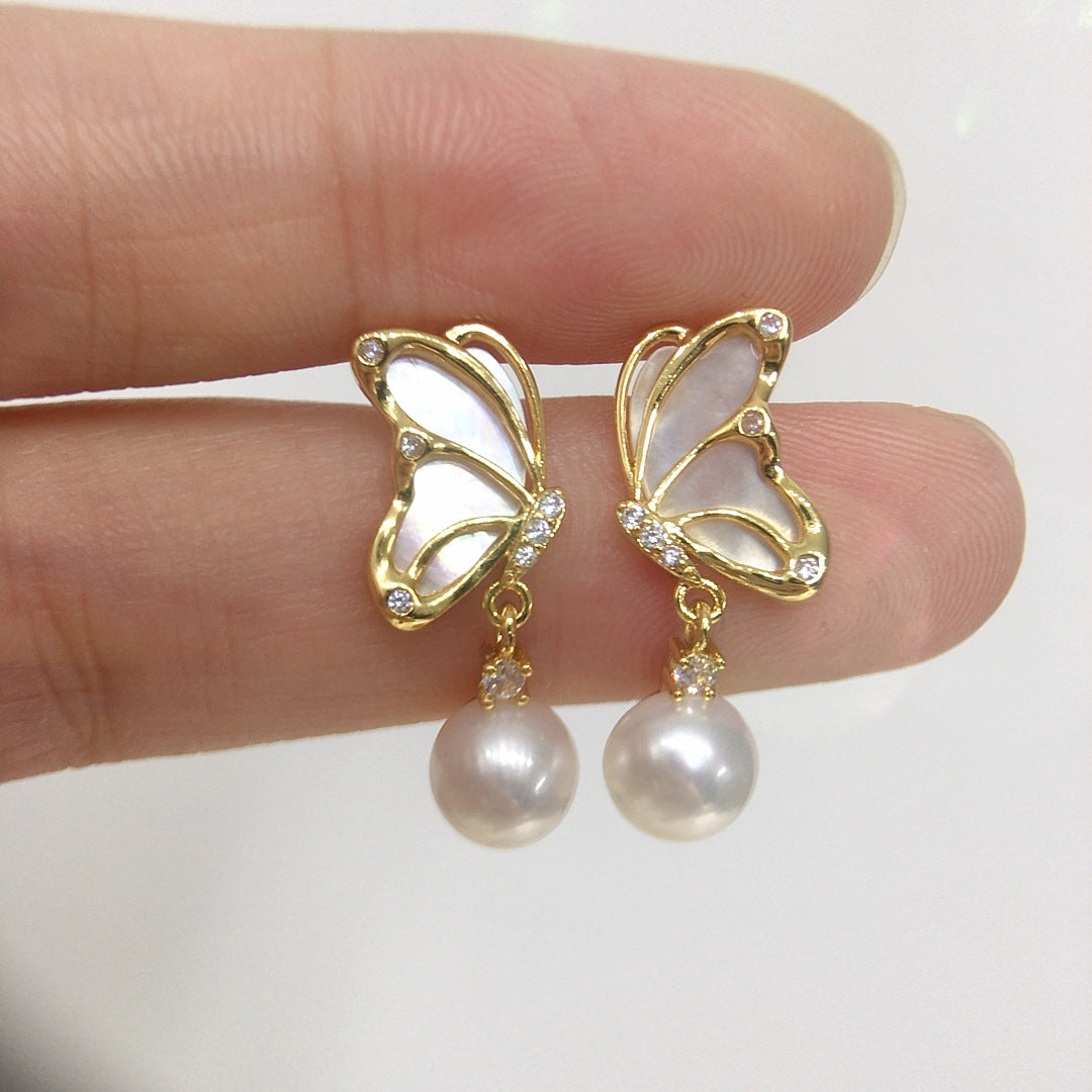 Butterfly Shell‑Pearl Drop Earrings for Women, 925 Sterling Silver Post