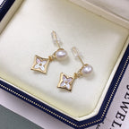 Women Four Leaf Clover Shell Pearl Drop Earrings, Rhombus Mother of Pearl Inlay Gold Tone Elegant Dangle Earrings Jewelry Gift
