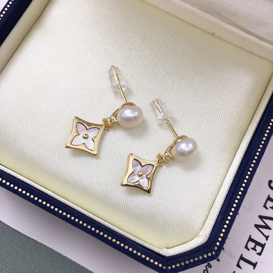 Women Four Leaf Clover Shell Pearl Drop Earrings, Rhombus Mother of Pearl Inlay Gold Tone Elegant Dangle Earrings Jewelry Gift