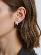 Full Pave Zircon Flower Shell Pearl Stud Earrings, Gold Tone Daily Commute Pearl Earrings for Women