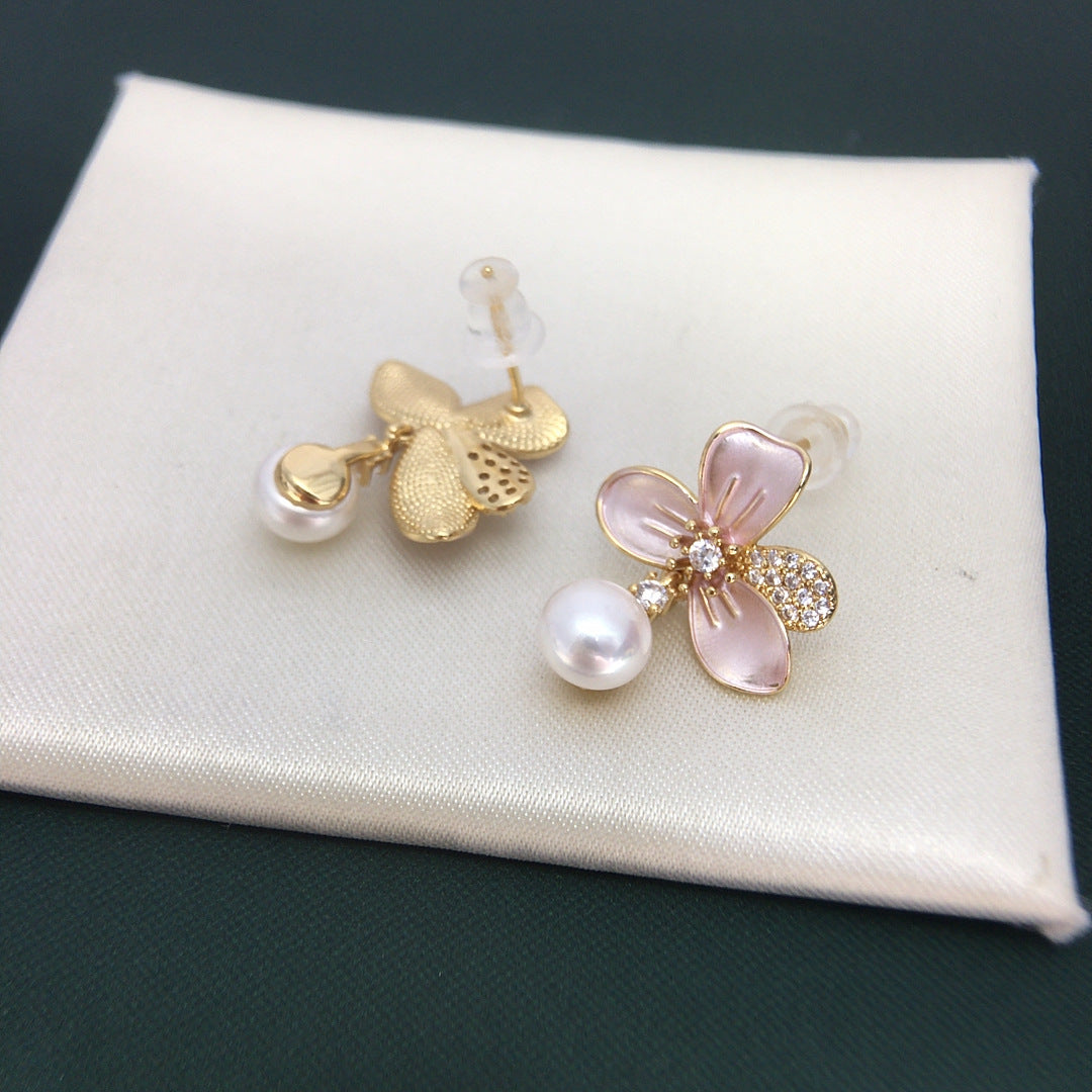 Enamel Flower Shell Pearl Drop Earrings, Micro‑Pave Cubic Zirconia Dainty Pearl Earrings for Women