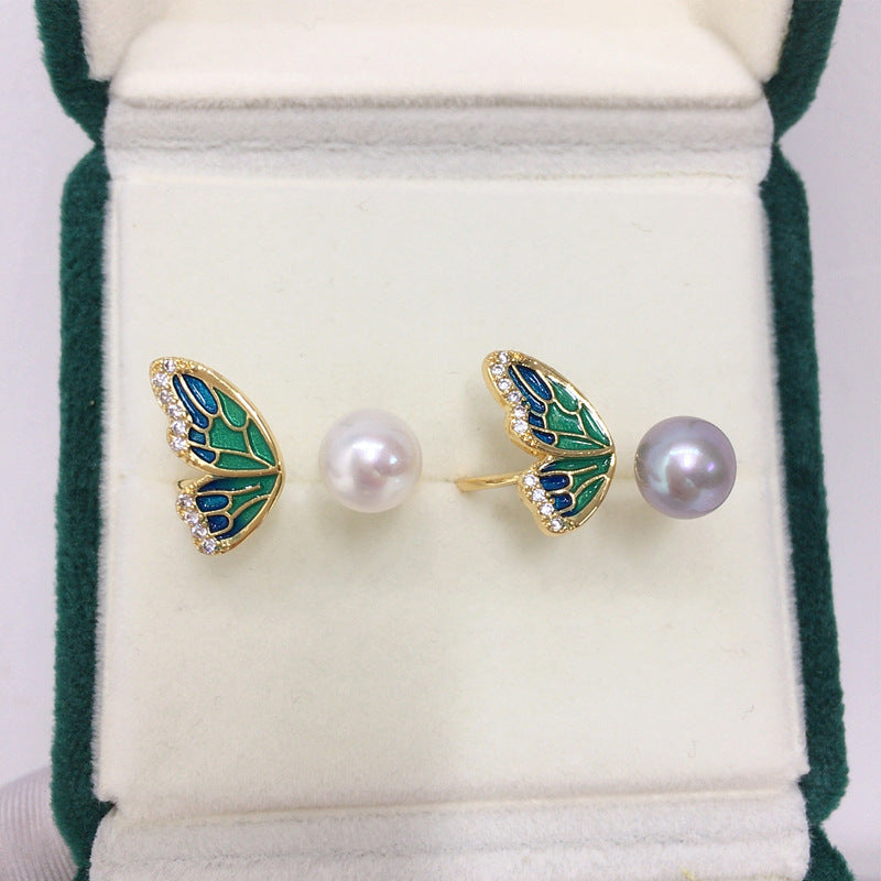 18K Gold‑Plated Butterfly Wing Pearl Ring, Fashion Shell‑Pearl Open Ring for Women