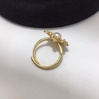 Vintage Floral Shell Pearl Open Ring for Women, Paved Cubic Zirconia Flower Statement Ring, 18K Gold Tone Luxury Pearl Jewelry