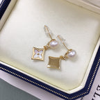 Women Four Leaf Clover Shell Pearl Drop Earrings, Rhombus Mother of Pearl Inlay Gold Tone Elegant Dangle Earrings Jewelry Gift