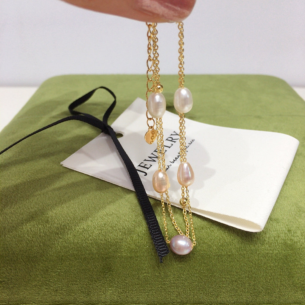 5‑6mm Rice‑Shape Shell Pearl Double Layer Bracelet, 18K Gold Filled Women Hand Jewelry