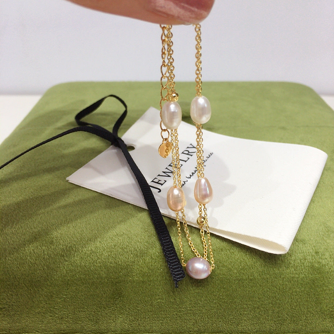 5‑6mm Rice‑Shape Shell Pearl Double Layer Bracelet, 18K Gold Filled Women Hand Jewelry