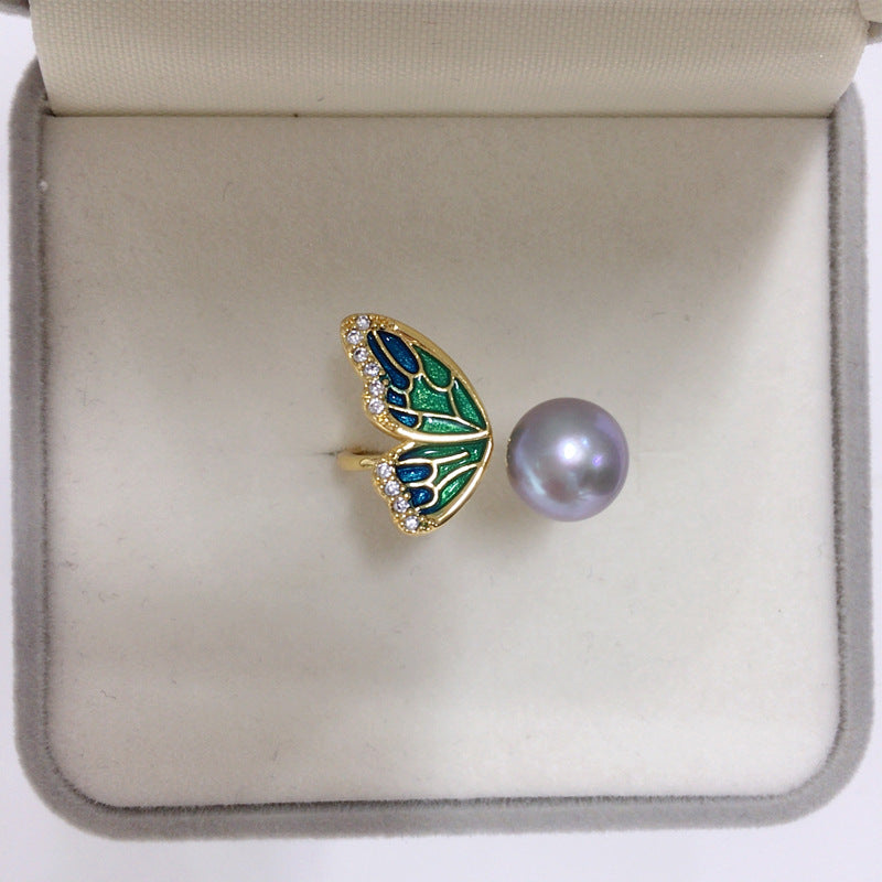 18K Gold‑Plated Butterfly Wing Pearl Ring, Fashion Shell‑Pearl Open Ring for Women