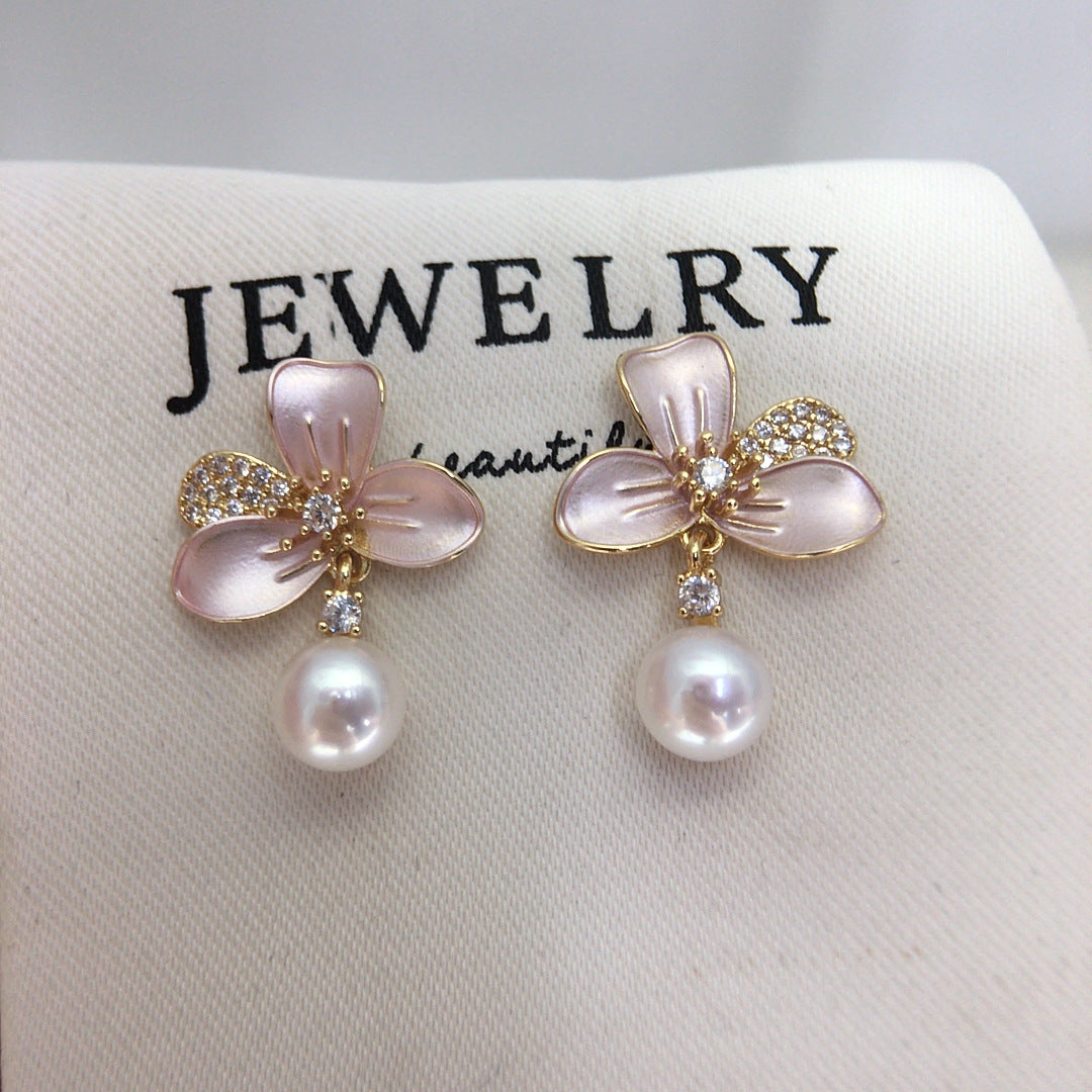 Enamel Flower Shell Pearl Drop Earrings, Micro‑Pave Cubic Zirconia Dainty Pearl Earrings for Women