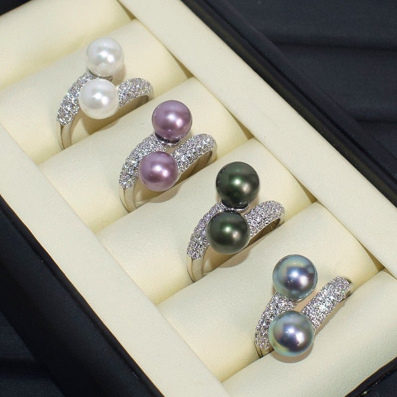 Two‑Pearl Open Adjustable Ring, Round High‑Lustre Shell Pearl, Daily Wear Versatile Jewelry